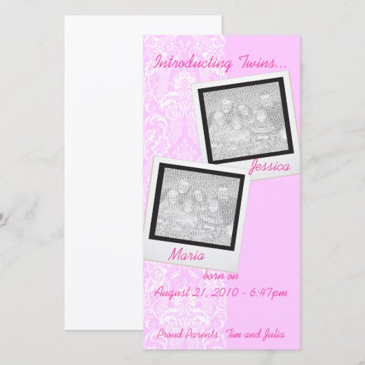 Pink Frilly Lace Twin Fotoaankondiging Kaarten (Voorkant / Achterkant)