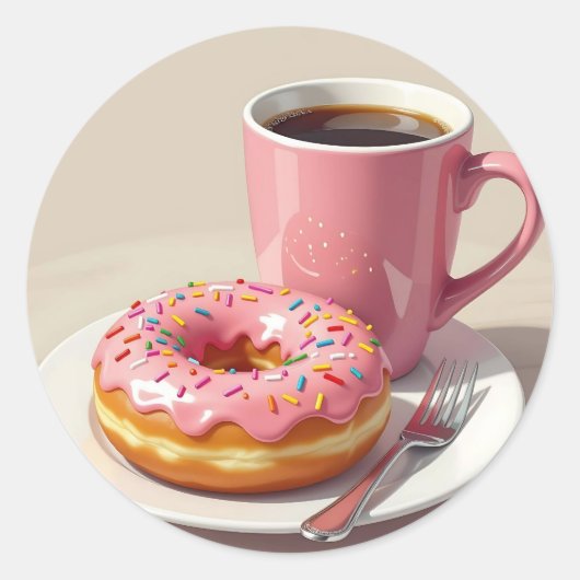 Pink Frosted Donut and Coffee  Ronde Sticker (Voorkant)