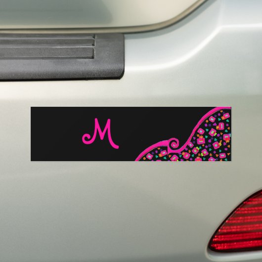 PINK FUCHSIA BLACK ABSTRACT DECO MONOGRAM BUMPERSTICKER (Op auto)