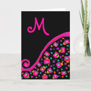 PINK FUCHSIA BLACK ABSTRACT DECO MONOGRAM FEESTDAGEN KAART