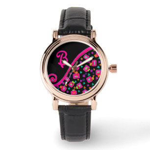 PINK FUCHSIA BLACK ABSTRACT DECO MONOGRAM HORLOGE