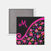 PINK FUCHSIA BLACK ABSTRACT DECO MONOGRAM MAGNEET (Voorkant / Achterkant)