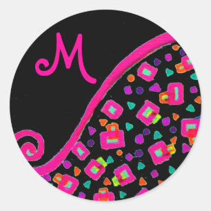 PINK FUCHSIA BLACK ABSTRACT DECO MONOGRAM RONDE STICKER
