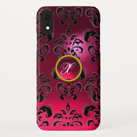 PINK FUCHSIA BLACK DAMASK GEM MONOGRAM Case-Mate iPhone CASE (Achterkant)