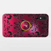 PINK FUCHSIA BLACK DAMASK GEM MONOGRAM Case-Mate iPhone CASE (Achterkant (horizontaal))