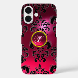 PINK FUCHSIA BLACK DAMASK GEMSTONE MONOGRAM iPhone 16 HOESJE