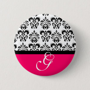PINK FUCHSIA BLACK WHITE DAMASK WEDDING MONOGRAM RONDE BUTTON 5,7 CM
