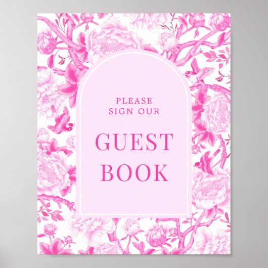 Pink Fuchsia Chinoiserie Porcelain Guestbook Sign Poster (Voorkant)