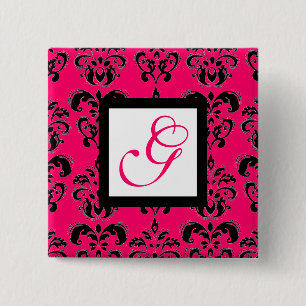 PINK FUCHSIA DAMASK WHITE SQUARE MONOGRAM VIERKANTE BUTTON 5,1 CM