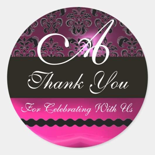 PINK FUCHSIA PAARS DAMASK MONOGRAM, violet Ronde Sticker (Voorkant)