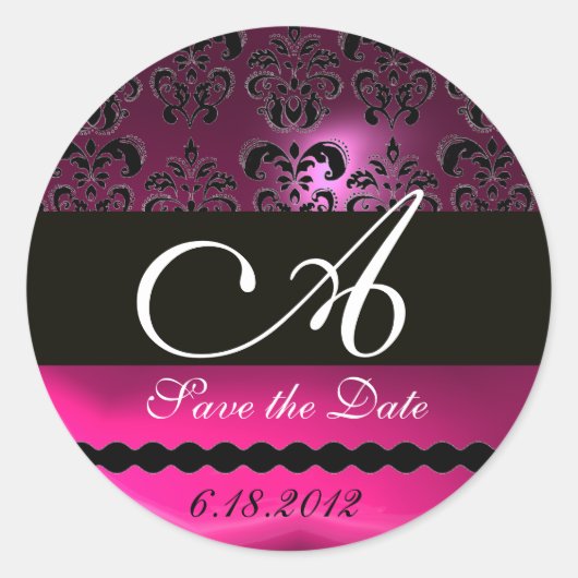 PINK FUCHSIA PAARS DAMASK MONOGRAM, violet Ronde Sticker (Voorkant)