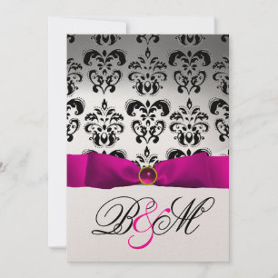 PINK FUCHSIA RIBBON GOLD BLACK DAMASK MONOGRAM KAART