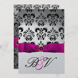 PINK FUCHSIA RIBBON SILVER BLACK DAMASK MONOGRAM KAART