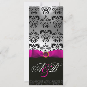PINK FUCHSIA RIBBON WHITE BLACK DAMASK MONOGRAM KAART