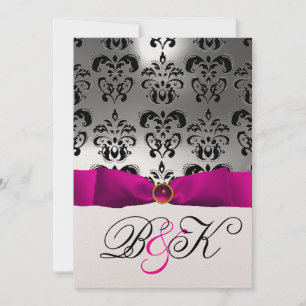 PINK FUCHSIA RIBBON WHITE BLACK DAMASK MONOGRAM KAART