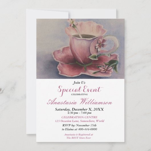 PINK FUCHSIA TEACUP PARTY EVENT INVITE KAART (Voorkant)