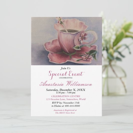 PINK FUCHSIA TEACUP PARTY EVENT INVITE KAART (Staand voorkant)