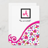 PINK FUCHSIA WHITE ABSTRACT DECO SQUARE MONOGRAM KAART (Voorkant / Achterkant)