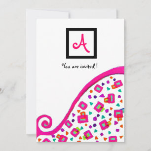 PINK FUCHSIA WHITE ABSTRACT DECO SQUARE MONOGRAM KAART