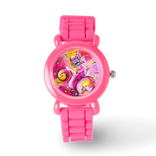 PINK FUCHSIA YELLOW WHIMSICAL FLOWERS HORLOGE