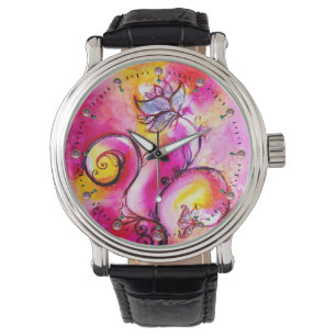PINK FUCHSIA YELLOW WHIMSICAL FLOWERS HORLOGE