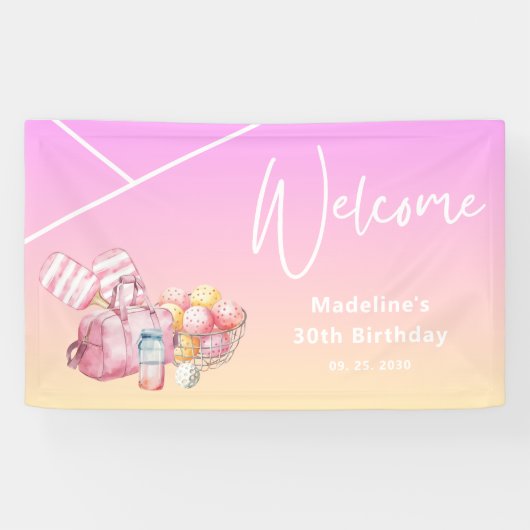 Pink Fun Pickleball 30ste Verjaardagsfeest Welkom Spandoek (Horizontaal)