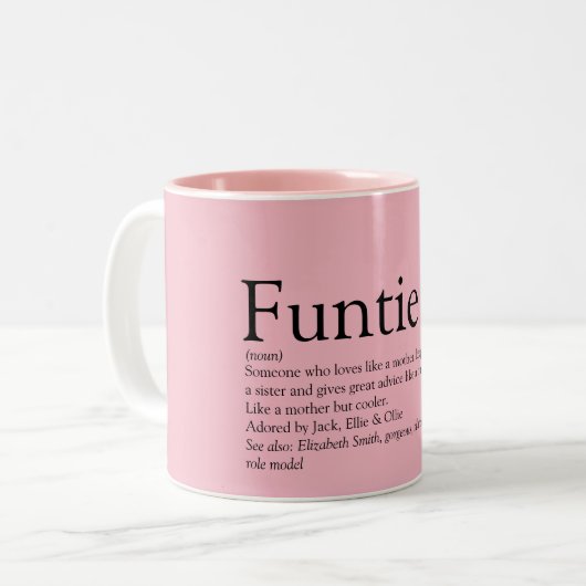 Pink Funny Funtie tante Auntie Definition Two-Tone Tweekleurige Koffiemok (Voorkant links)