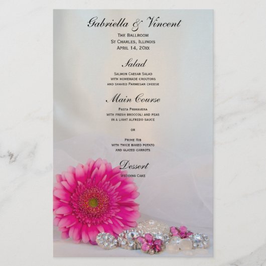 Pink Gerber Daisy and Diamond Buttons Wedding Menu (Devant)