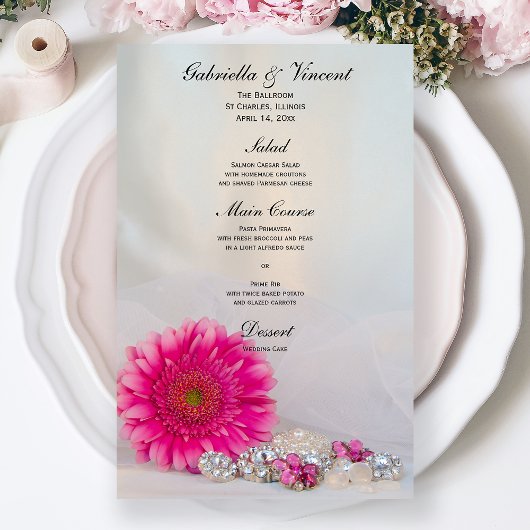 Pink Gerber Daisy and Diamond Buttons Wedding Menu