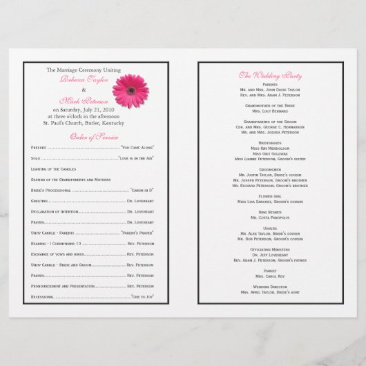 Pink Gerber Daisy Black Ribbon Wedding Programme (Dos)