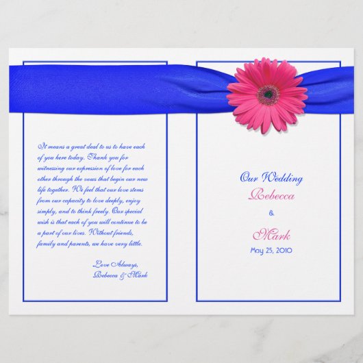 Pink Gerber Daisy Blue Ribbon Wedding Programme (Devant)