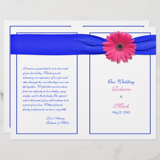 Pink Gerber Daisy Blue Ribbon Wedding Programme (Devant / Derrière)