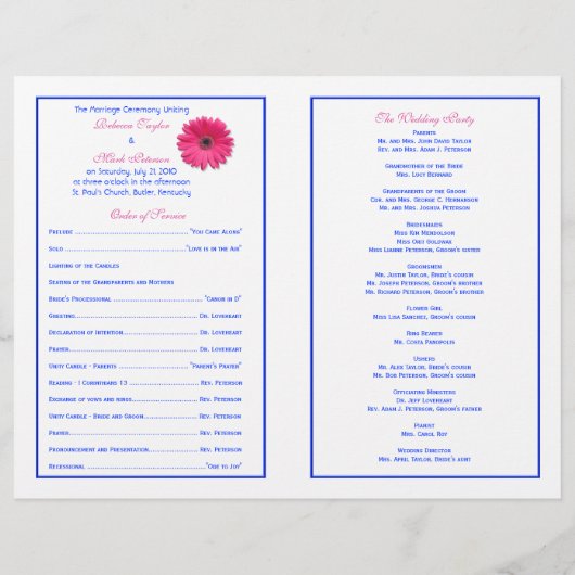 Pink Gerber Daisy Blue Ribbon Wedding Programme (Dos)
