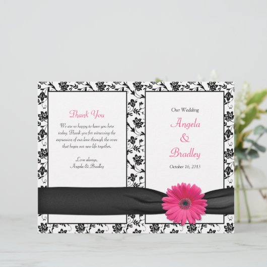 Pink Gerber Daisy Damask Floral Wedding Programme (Debout devant)