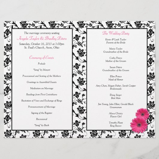 Pink Gerber Daisy Damask Floral Wedding Programme (Dos)