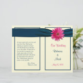 Pink Gerber Daisy Navy Ribbon Wedding Programme (Staand voorkant)