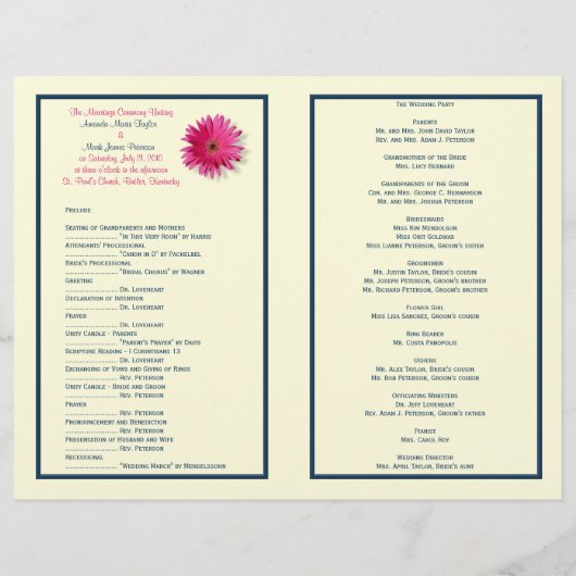Pink Gerber Daisy Navy Ribbon Wedding Programme (Achterkant)
