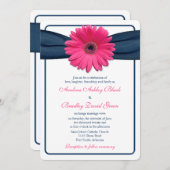 Pink Gerber Daisy Navy Ribbon Wedding Uitnodiging (Voorkant / Achterkant)