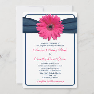 Pink Gerber Daisy Navy Ribbon Wedding Uitnodiging