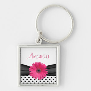 Pink Gerbera Daisy Black Polka Dot Custom Name Sleutelhanger