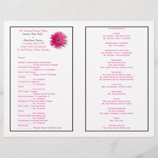 Pink Gerbera Daisy Black Ribbon Wedding Programme (Achterkant)
