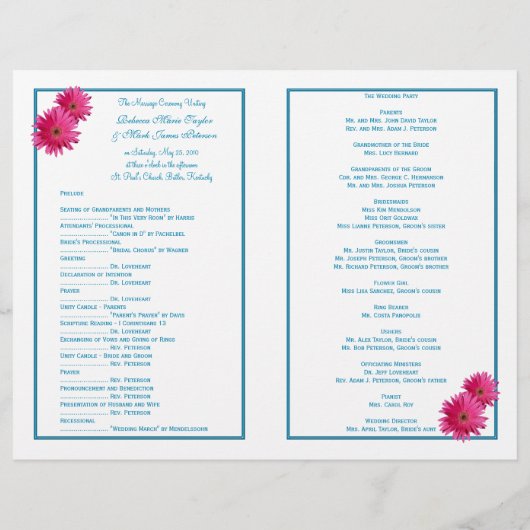 Pink Gerbera Daisy Blue Wedding Programme (Dos)