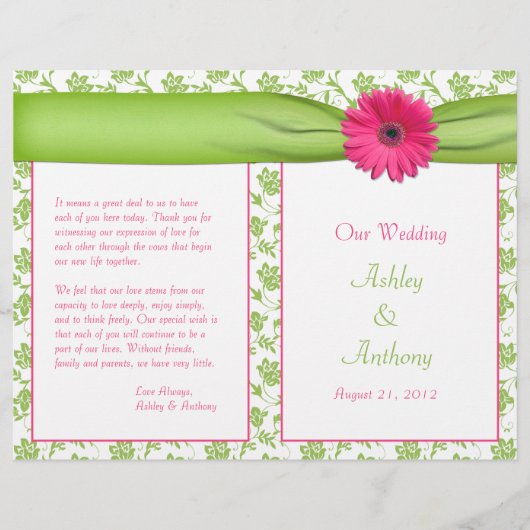 Pink Gerbera Daisy Green Floral Wedding Programme (Voorkant)