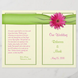 Pink Gerbera Daisy Green Ribbon Wedding Programme