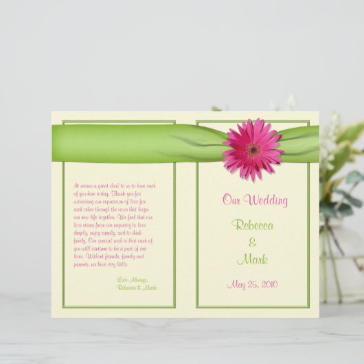Pink Gerbera Daisy Green Ribbon Wedding Programme (Debout devant)