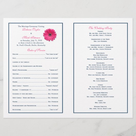 Pink Gerbera Daisy Navy Programme de mariage au ru (Dos)