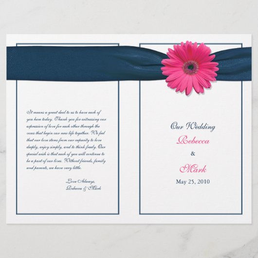 Pink Gerbera Daisy Navy Ribbon Wedding Programme (Voorkant)