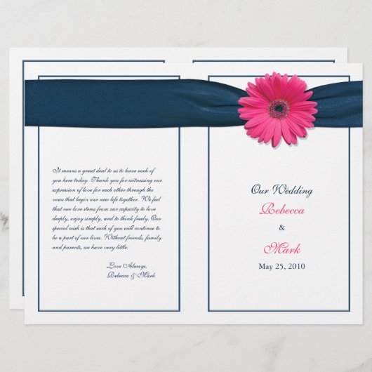 Pink Gerbera Daisy Navy Ribbon Wedding Programme (Voorkant / Achterkant)
