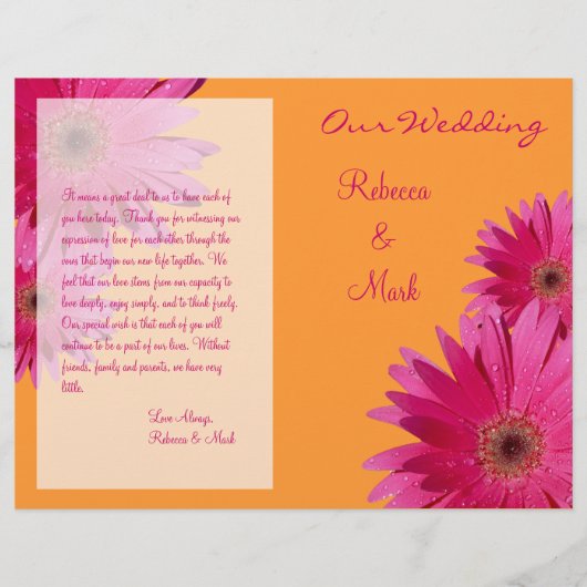 Pink Gerbera Daisy Orange Wedding Programme (Devant)