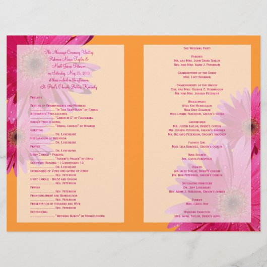 Pink Gerbera Daisy Orange Wedding Programme (Dos)